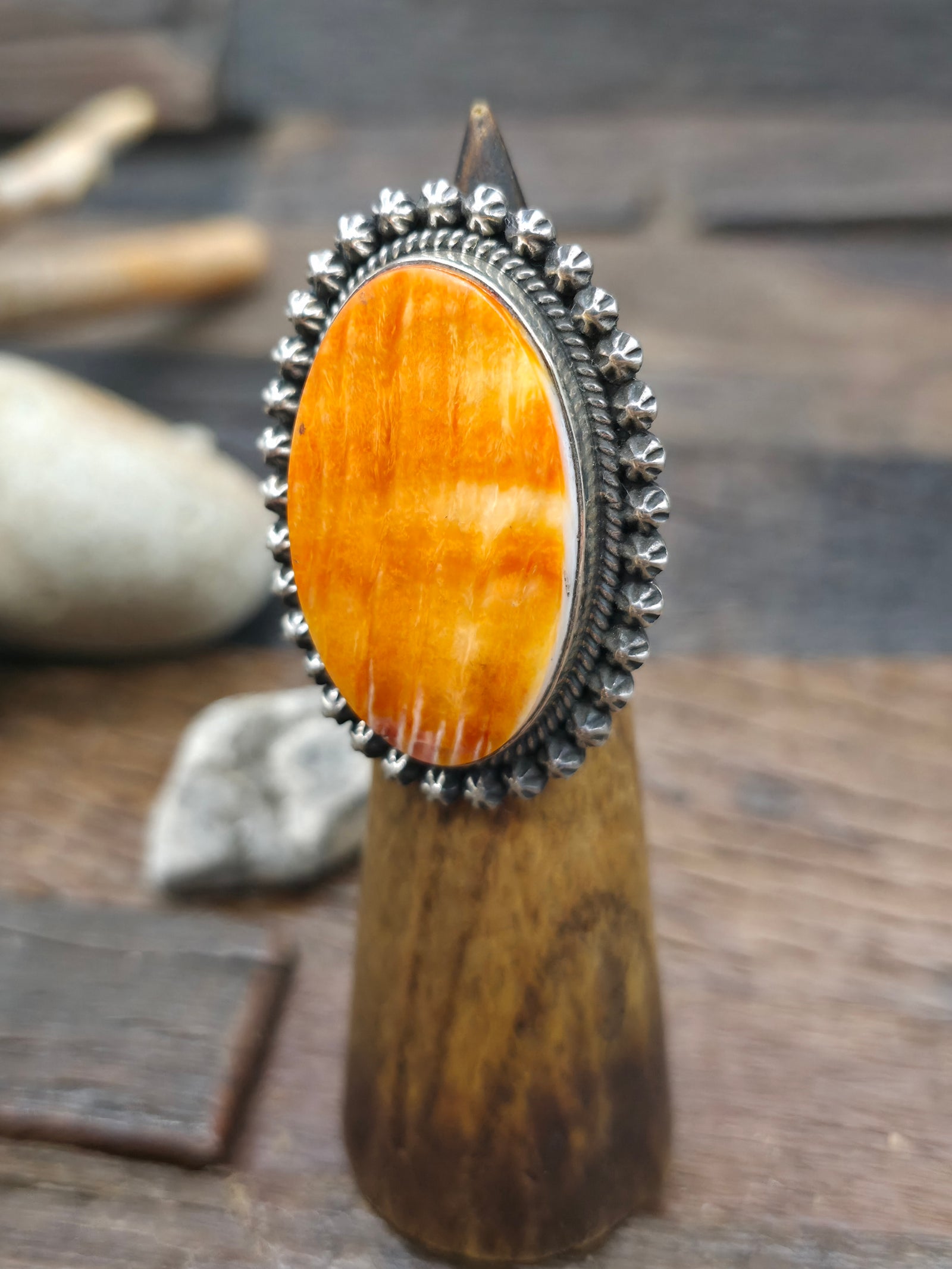 Sterling Silver Starshot Orange Spiny Oyster Ring by Happy Piasso - Size 7 1/2