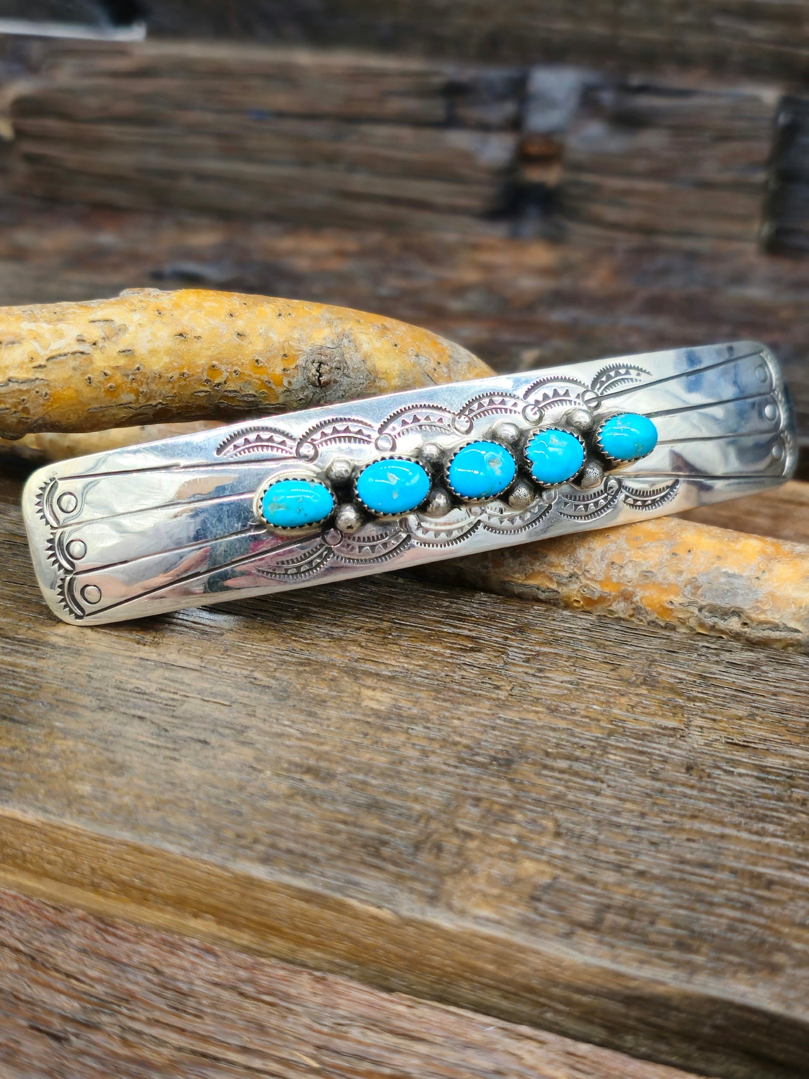 Five-Stone Sterling Silver and Turquoise Barrette by Jolene Begay