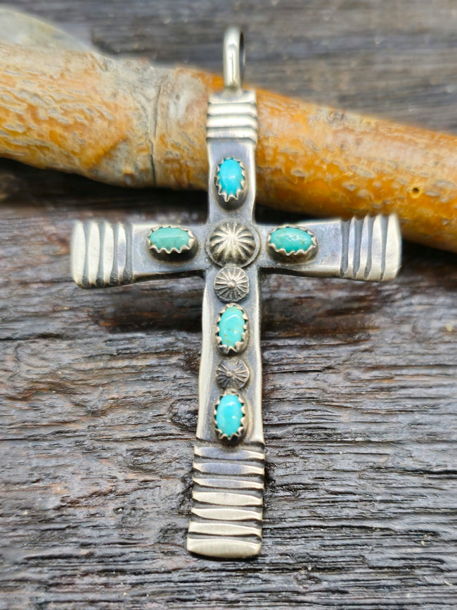 Oxidized Sterling Silver and Turquoise Cross Pendant by Martha Cayatineto