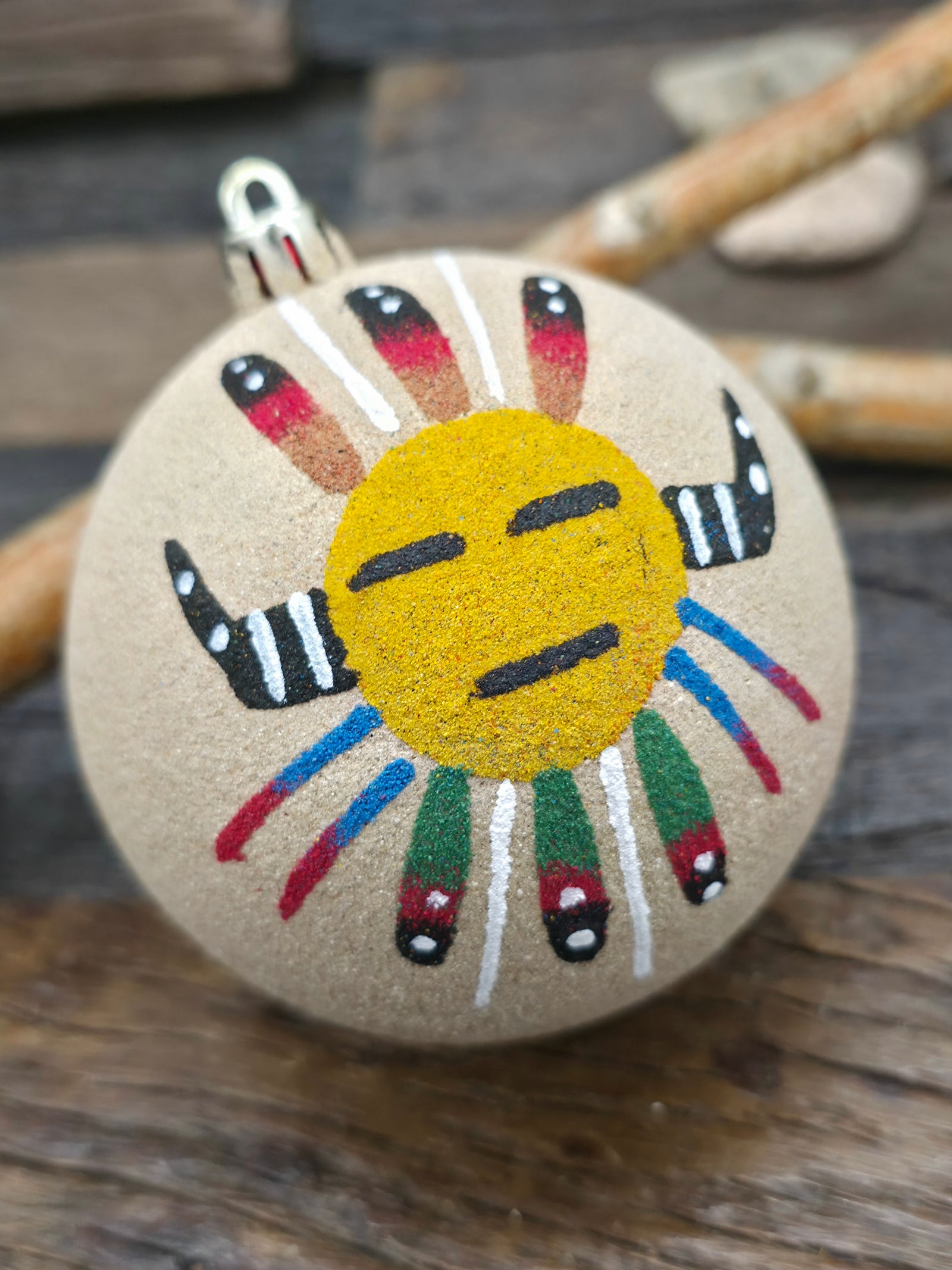 Large Sand Painting Christmas Ornament Bauble by Bingo Smith - Mask Yellow
