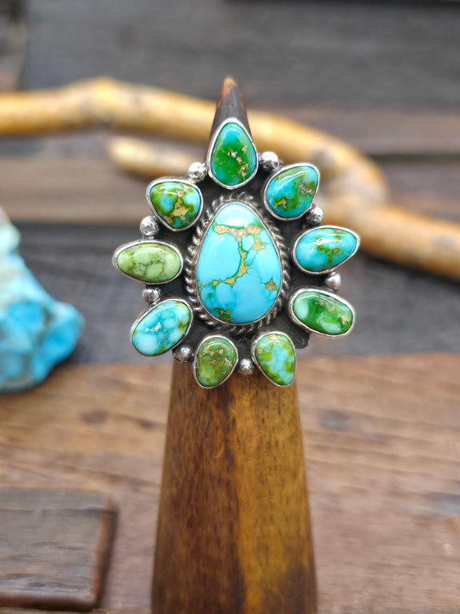 Sterling Silver Sonoran Turquoise Cluster Ring by Linda Yazzie - Size 7