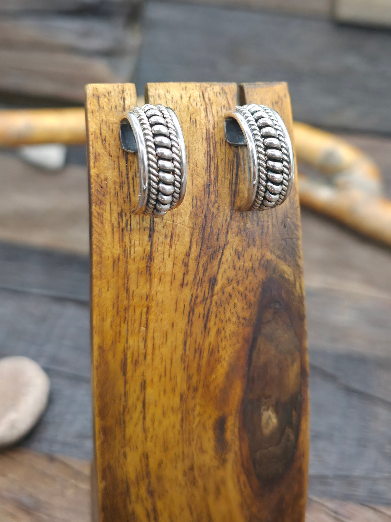Three Row Sterling Silver Half Hoop Earrings by Priscilla Apache - 3/4 in. by 1/2 in.