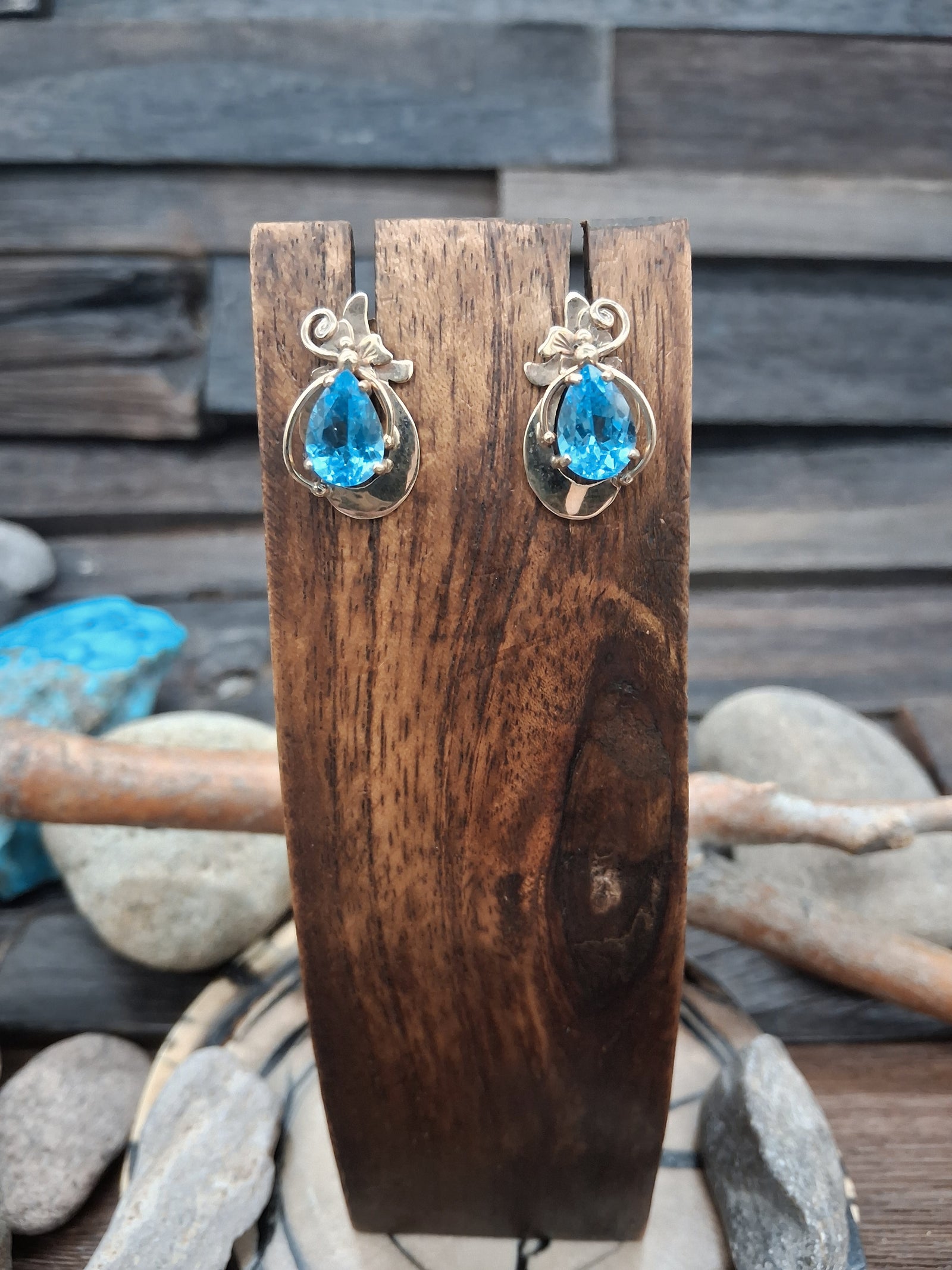 14KT Gold Blue Topaz Teardrop Post Earrings