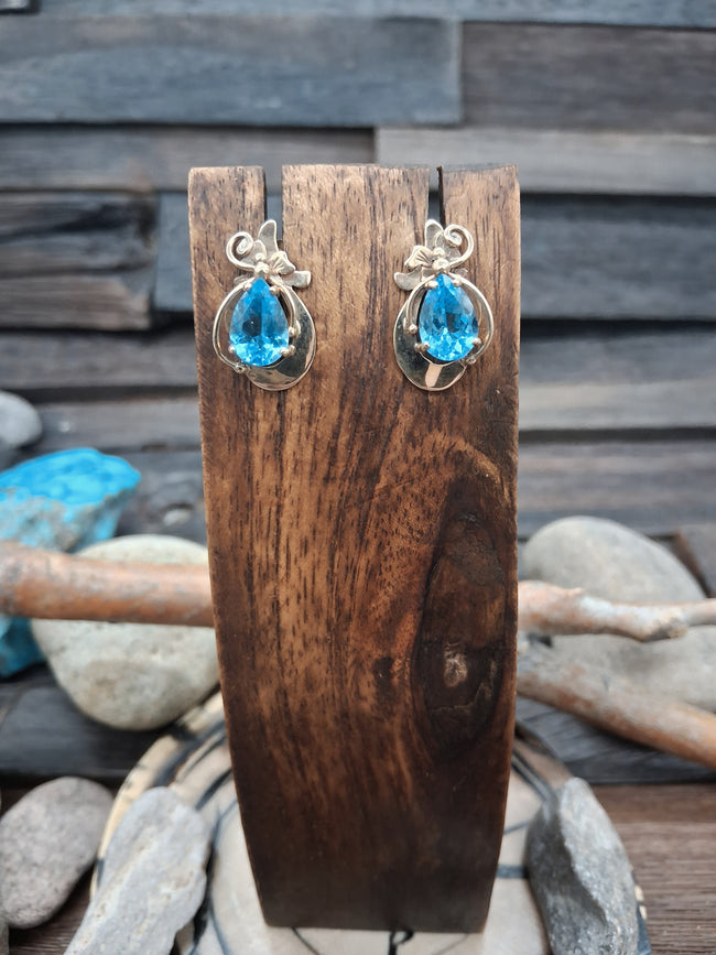 14KT Gold Blue Topaz Teardrop Post Earrings