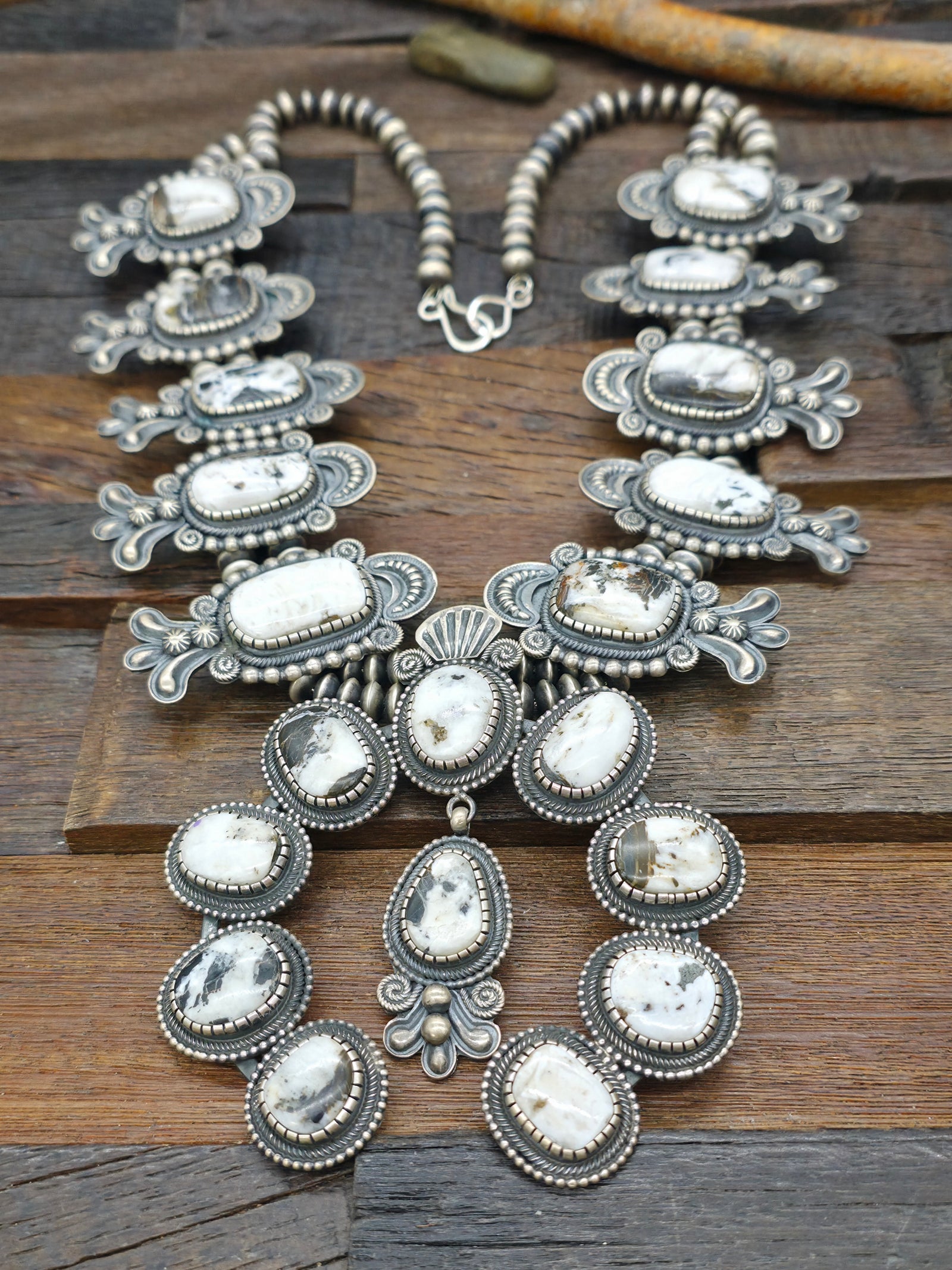 Extra Large Stamped Sterling Silver White Buffalo Squash Blossom Necklace by Leon Martinez - 30 in.