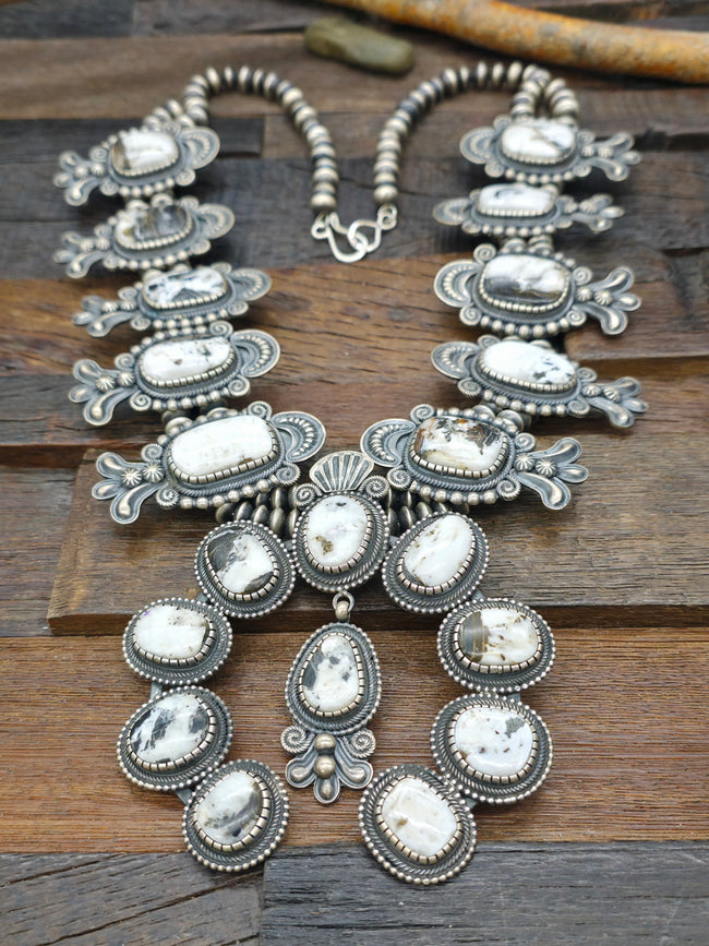 Extra Large Stamped Sterling Silver White Buffalo Squash Blossom Necklace by Leon Martinez - 30 in.