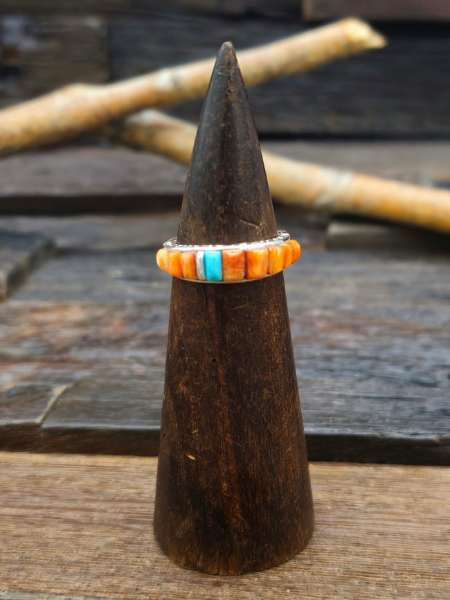 Wide Orange Spiny and Turquoise Cobblestone Inlay Sterling Silver Ring by Albert Topaha - Size 10