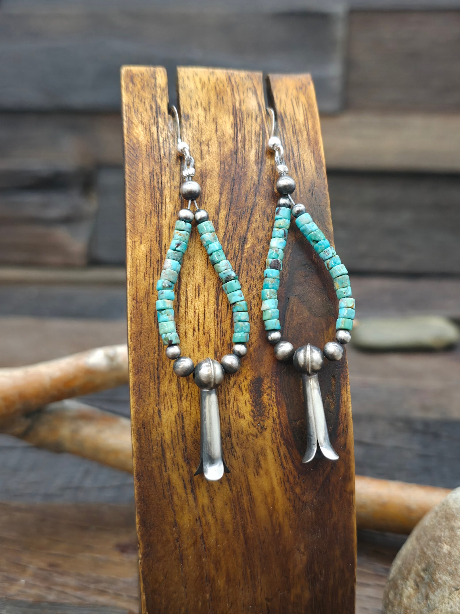 Turquoise Heishi Loop Earrings with Sterling Silver Squash Blossoms