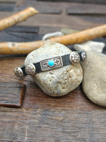 Black Leather Bracelet with Square Sterling Silver Conchos and Single Rectangular Green Turquoise Concho by Rick Montaño - 8 in.