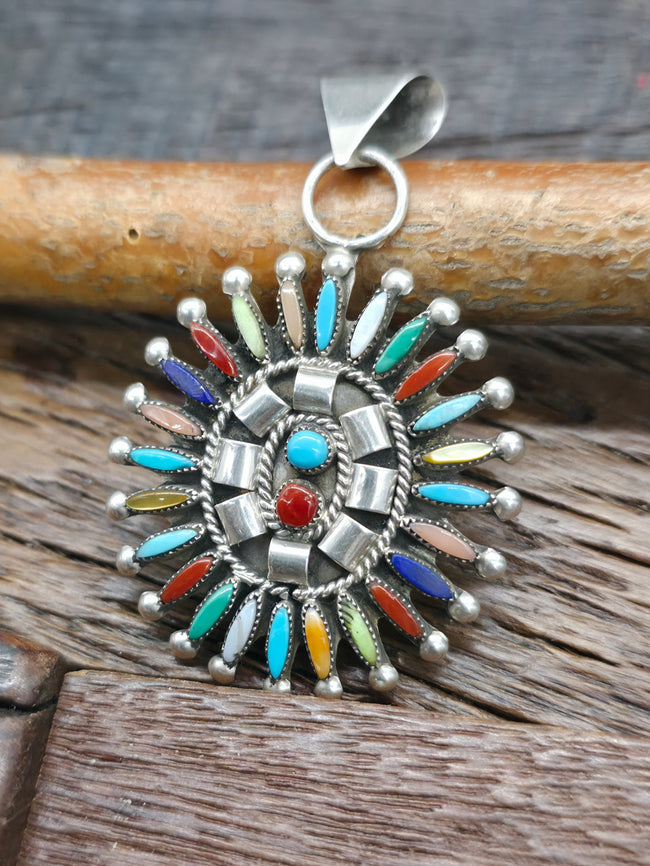 Rainbow Needlepoint Sterling Silver Pendant by Dan Etsate - 2 1/4 in. by 1 1/2 in.  Turquoise, Lapis, Coral, Mother-of-Pearl