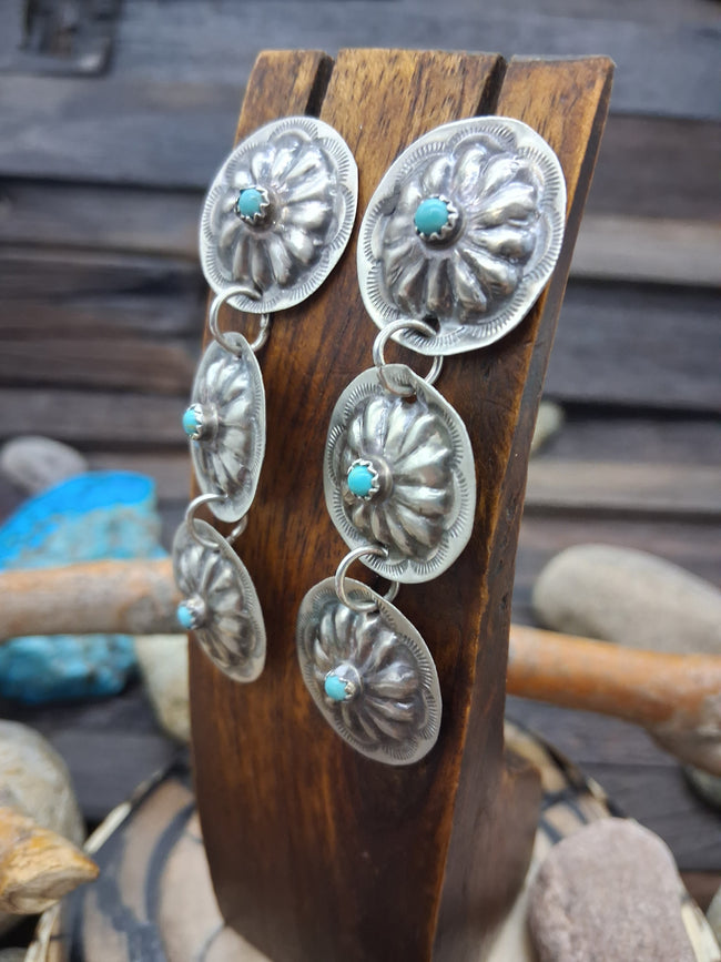 Sterling Silver Repousse w/Turquoise Post Dangle Earrings by Joan Begay