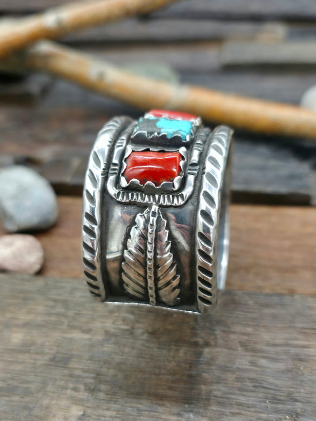 Vintage/Estate Sterling Silver Turquoise and Coral Row Cuff - 7 in.