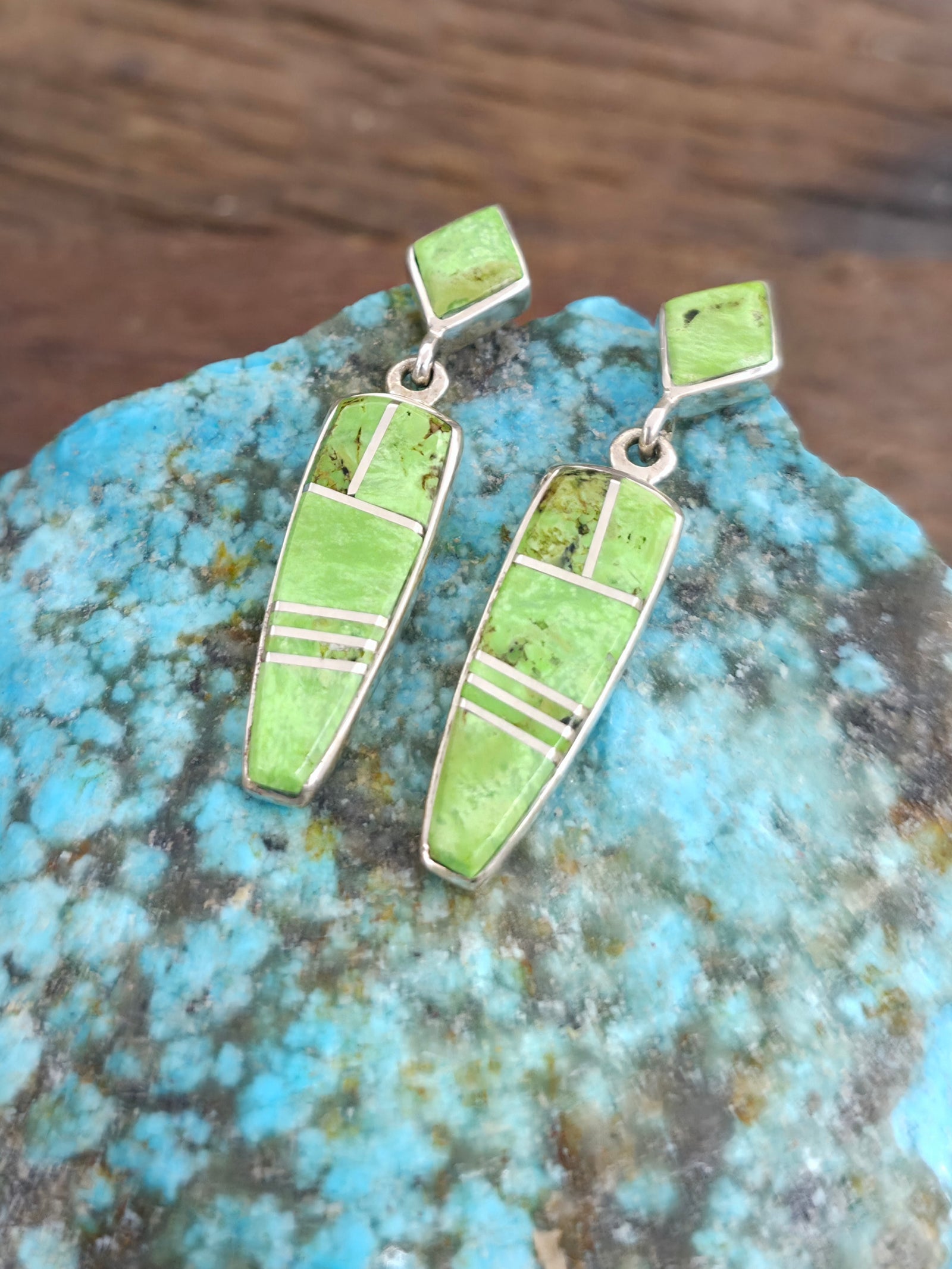 Sterling Silver Gaspeite Inlay Earrings by Julius Burbank - 1 1/2 in. by 3/8 in.