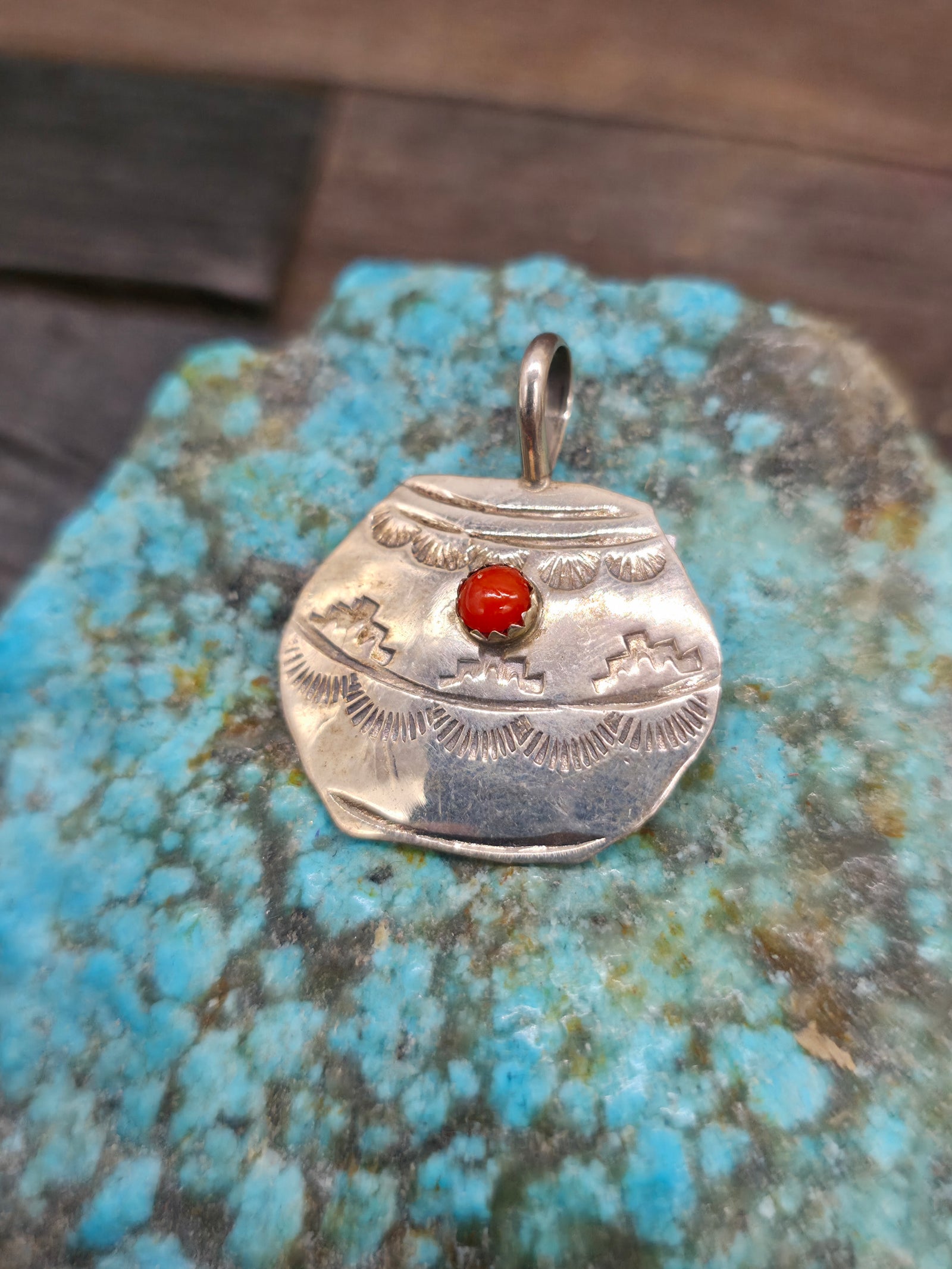Stamped Sterling Silver Pot Pendant by Lucille Platero - Coral - 1 1/4 in. by 1 in.