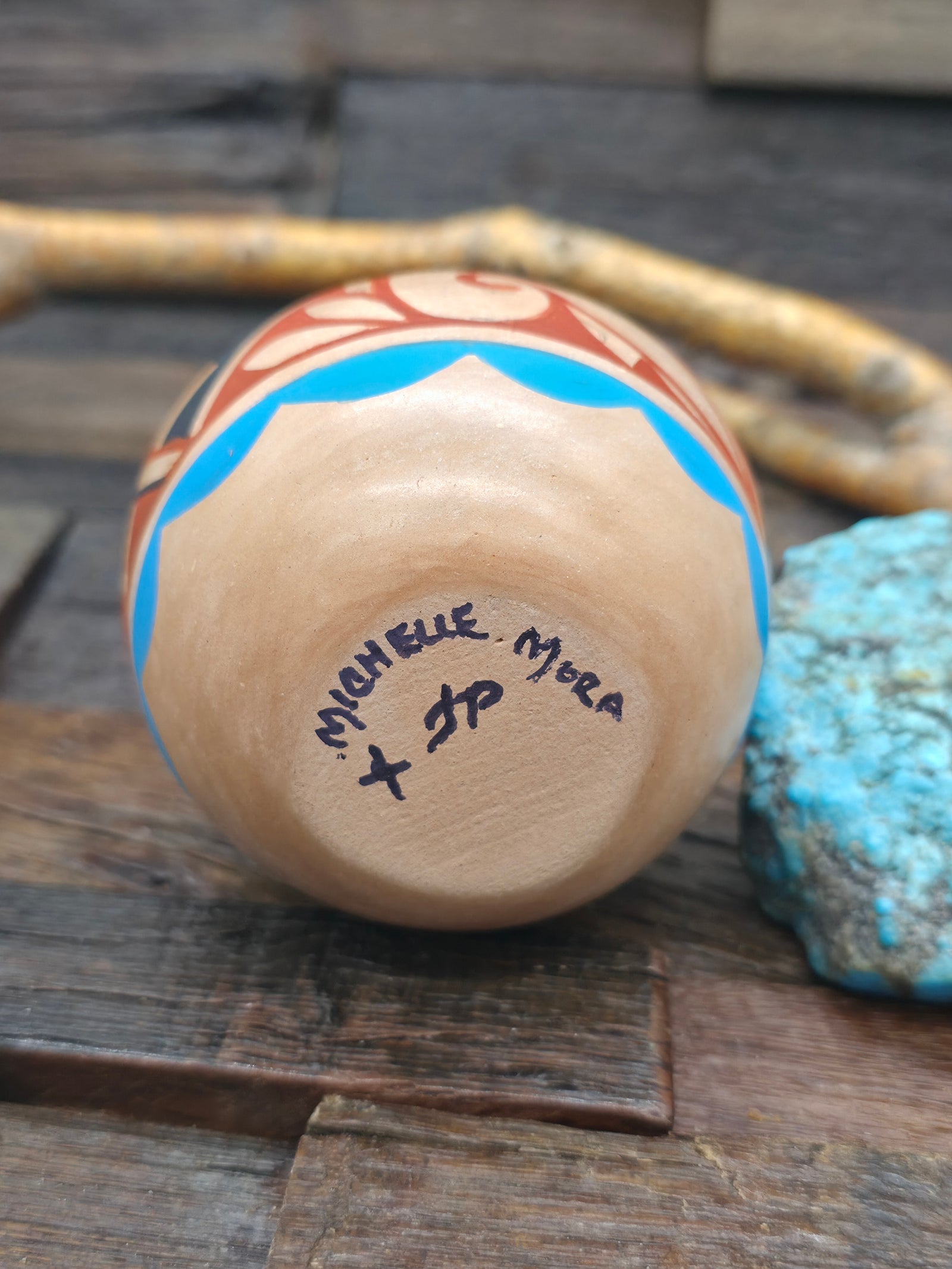 Handmade Painted Jemez Pot by Michelle Mora - Black, Blue and Red - 2 1/4 in. by 3 in. by 3 in.