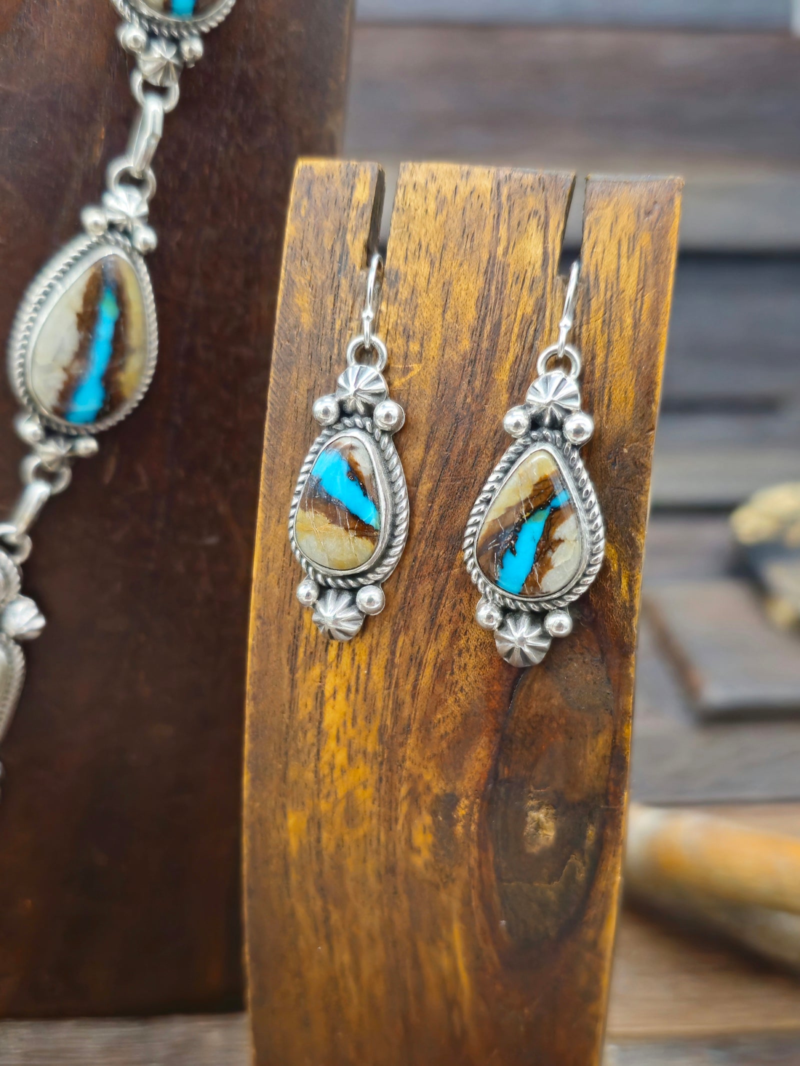 Blue Gem Boulder Turquoise Lariat Necklace and Earring Set by Rosella Paxton - 22 in.