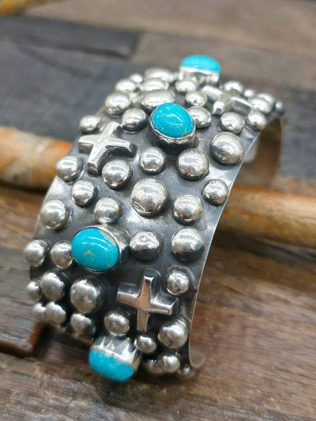 Chimney Butte Turquoise Sterling Silver Raindrop and Santa Fe Cross Cuff - 7 3/4 in.