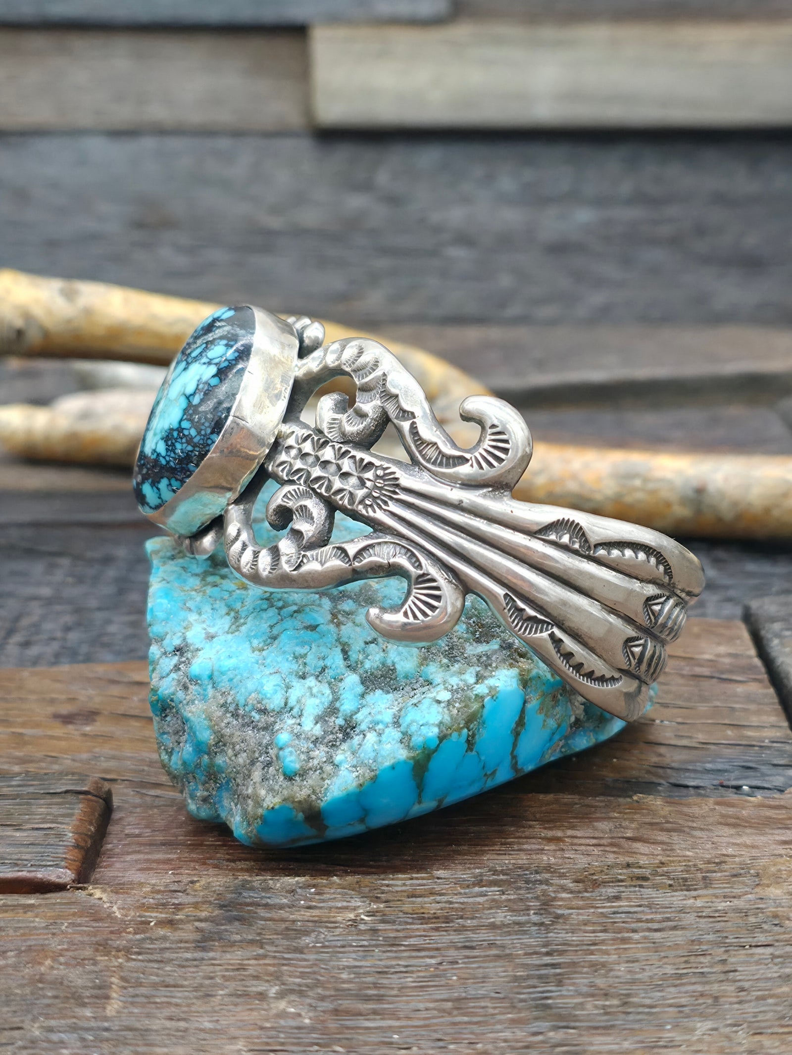 Extra Large Cast and Stamped Sterling Silver and Turquoise Cuff - 9 1/2 in. with Gap