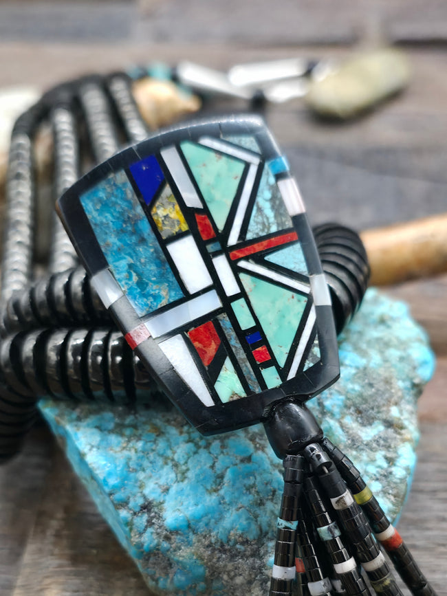 Two Strand Jet and Multi Stone Necklace with Mosaic Inlay Pendant by Chris Nieto - 25 in.