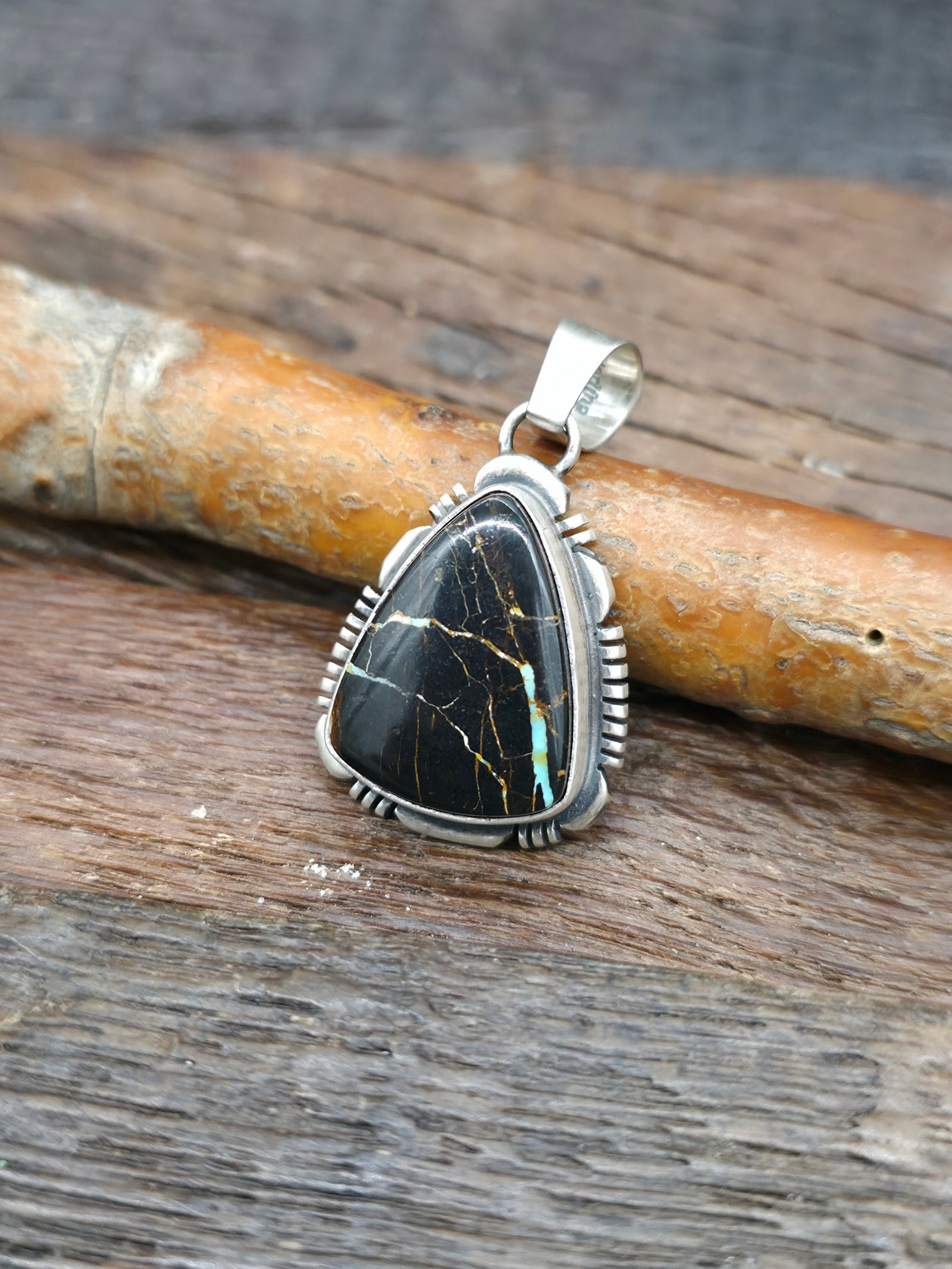 Sterling Silver Black Jack Turquoise Pendant - 1 1/2 in. by 1 in.