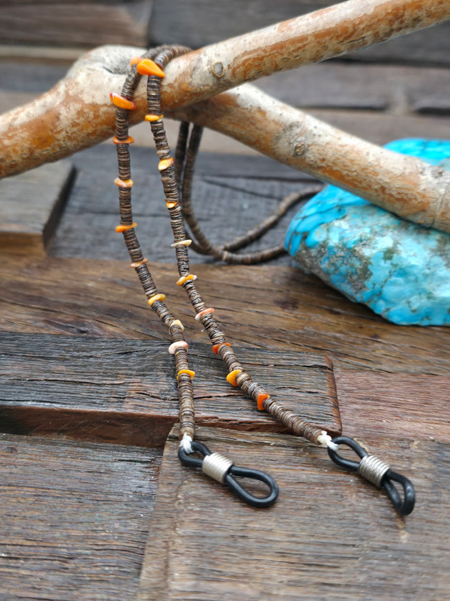 Spiny Oyster and Dark Heishi Eyeglass Chain by Raymond Bird - 25 in.