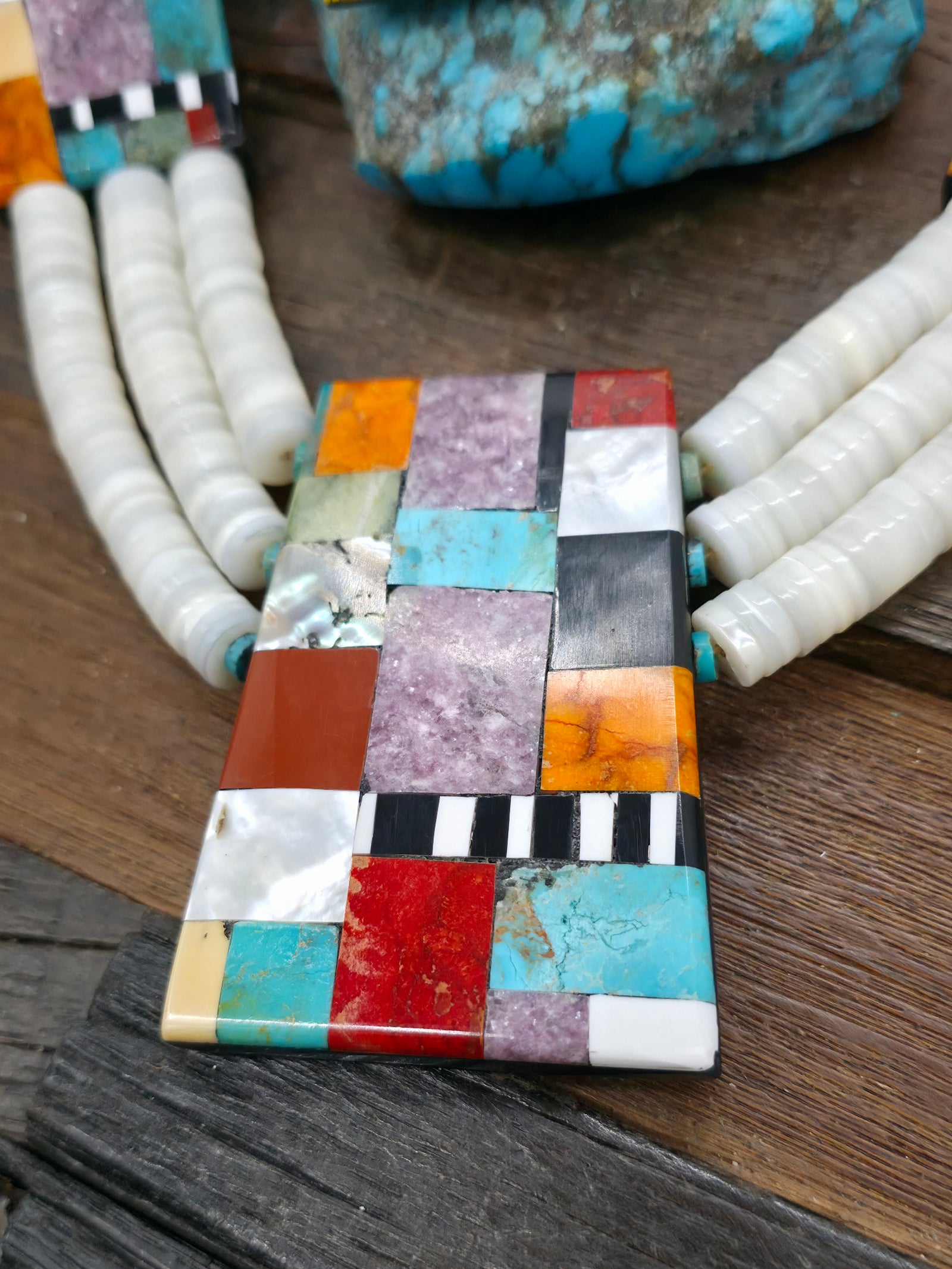 Three Strand White Shell and Mosaic Inlay Necklace and Earring Set by Delbert and Torevia Crespin - 26 in.