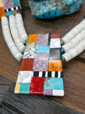 Three Strand White Shell and Mosaic Inlay Necklace and Earring Set by Delbert and Torevia Crespin - 26 in.