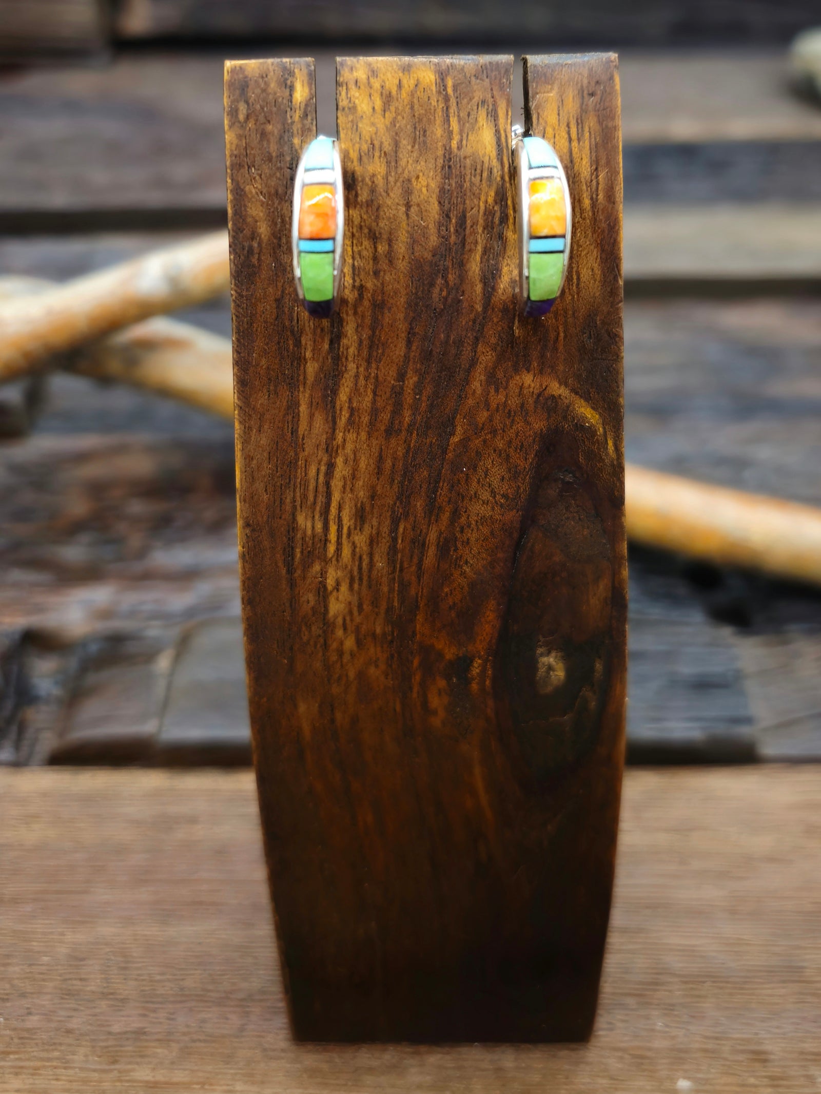 Multistone Inlay Sterling Silver Half Hoop Inlay Earrings
