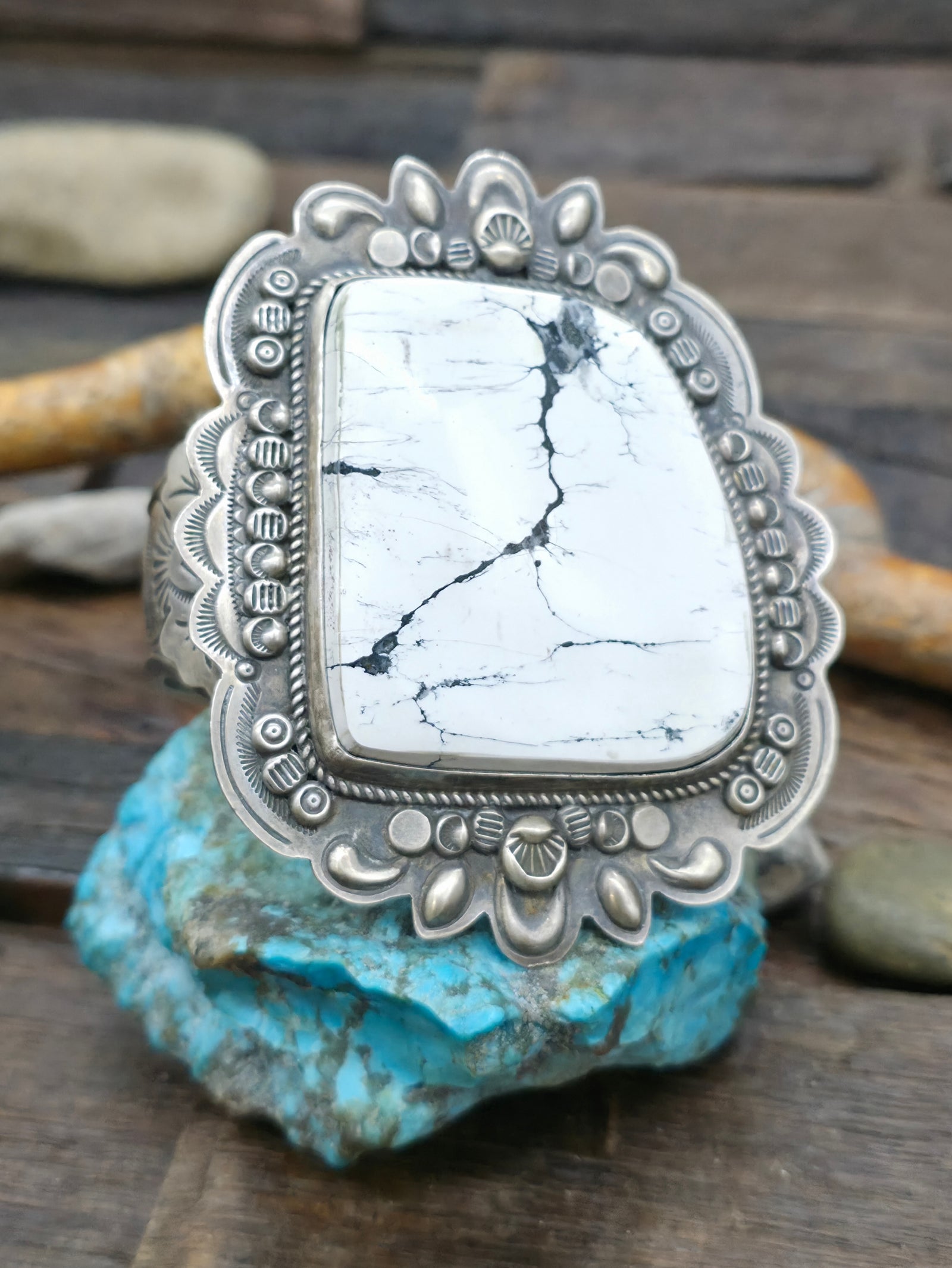 Stamped Sterling Silver White Buffalo Thunderbird Cuff Bracelet by Dean Sandoval - 7 in.