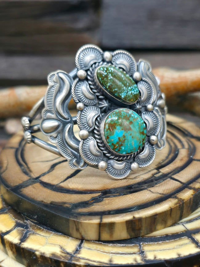 Two Stone Turquoise Stamped Sterling Silver Cuff by Raymond Delgarito - 6 1/2 in.