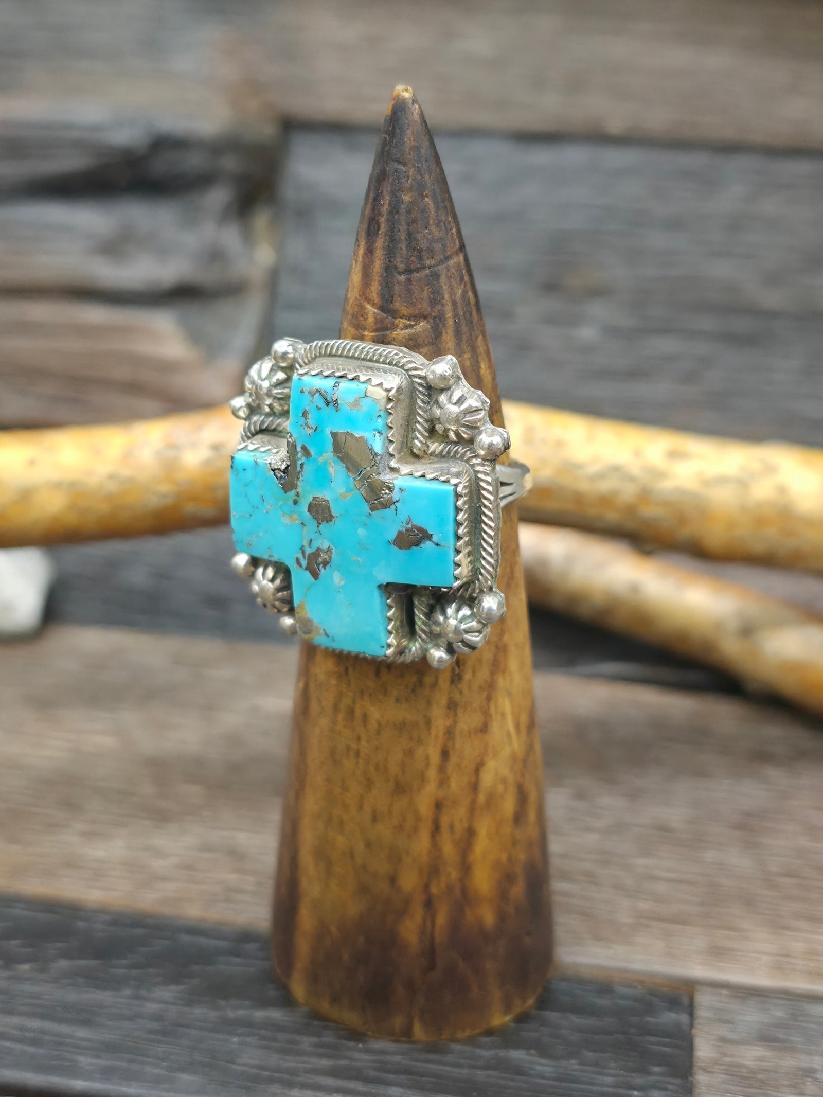 Stamped Sterling Silver Blue Turquoise Santa Fe Cross Ring by Richard Jim - Size 10