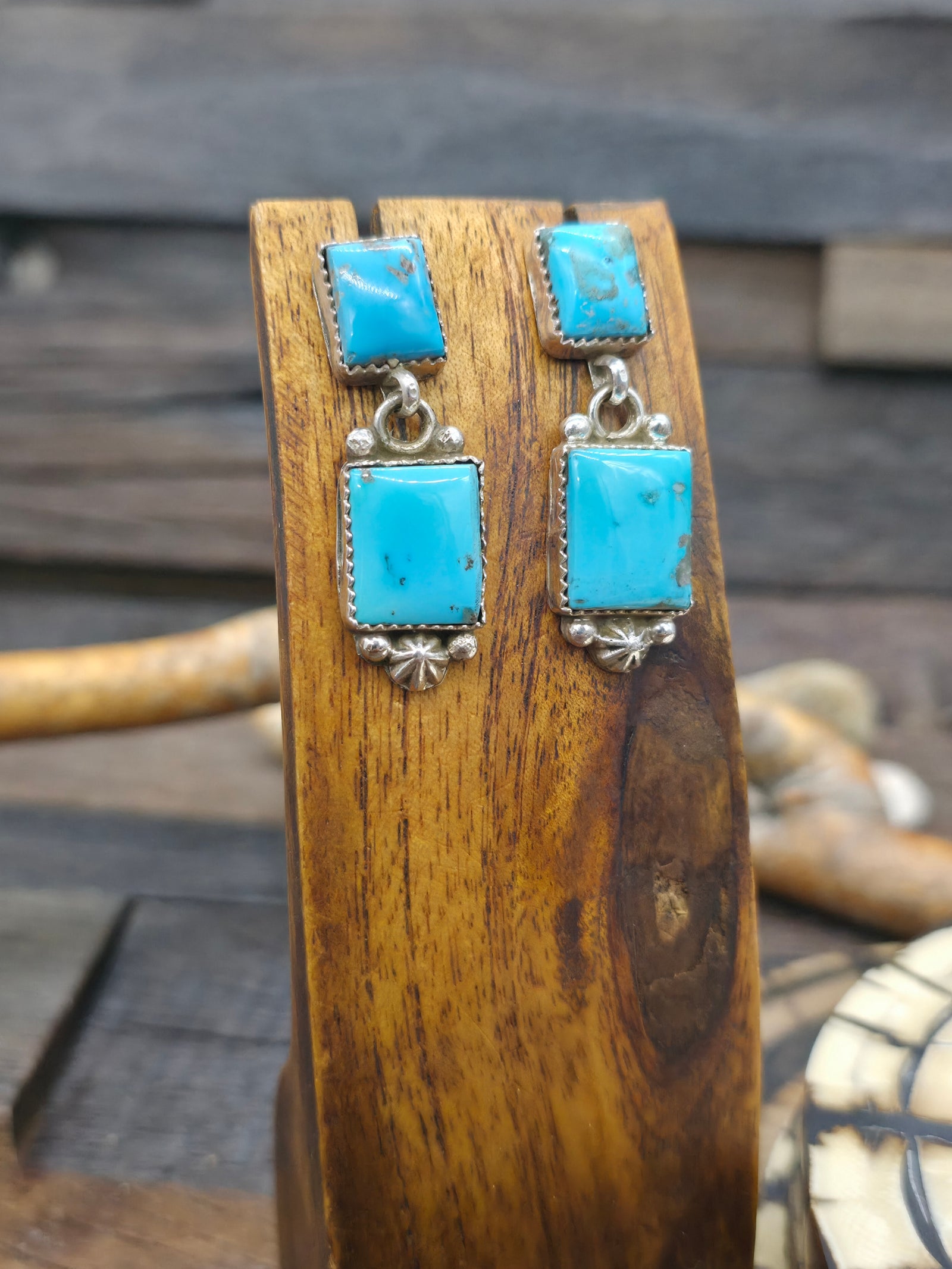 Two Stone Sterling Silver Turquoise Post Dangle Earrings by Richard Jim - 1 1/4 in. by 1/2 in.
