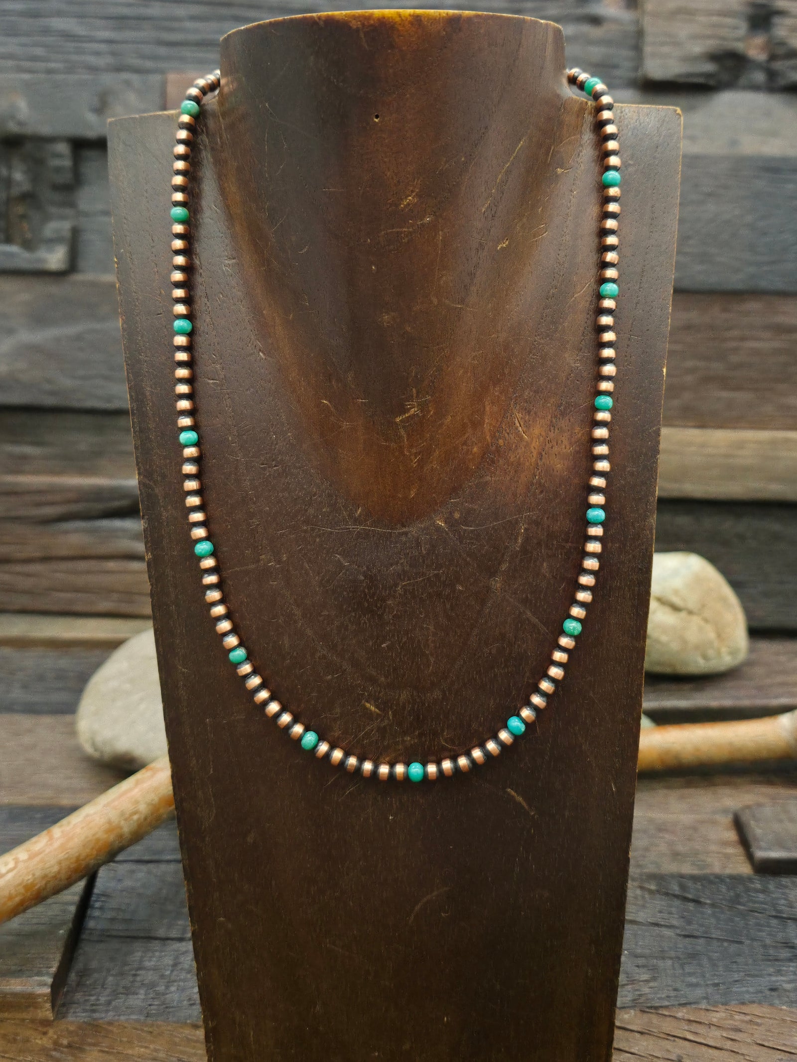 4 MM Bead Copper and Turquoise Necklace - 16 in. with 2 in. Extender
