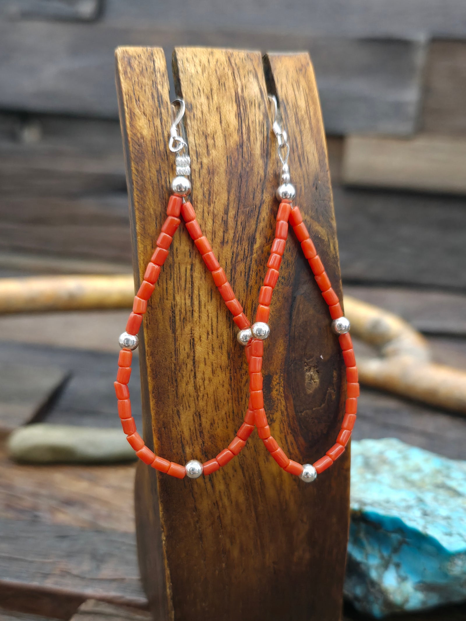 Coral Loop Earrings with Sterling Silver Beads