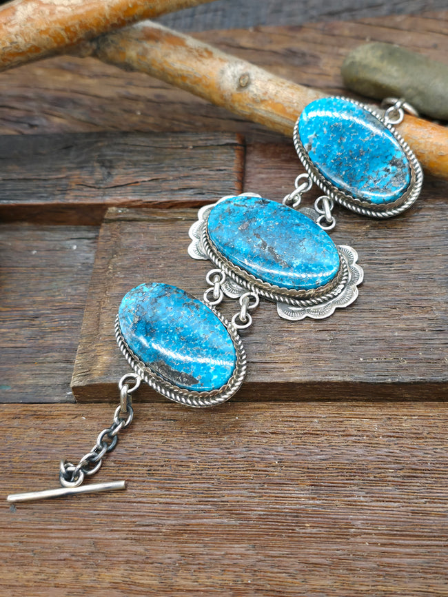 Kingman Turquoise Three Stone Sterling Silver Link Bracelet by LaRose Ganadanegro - 7 1/2 in.