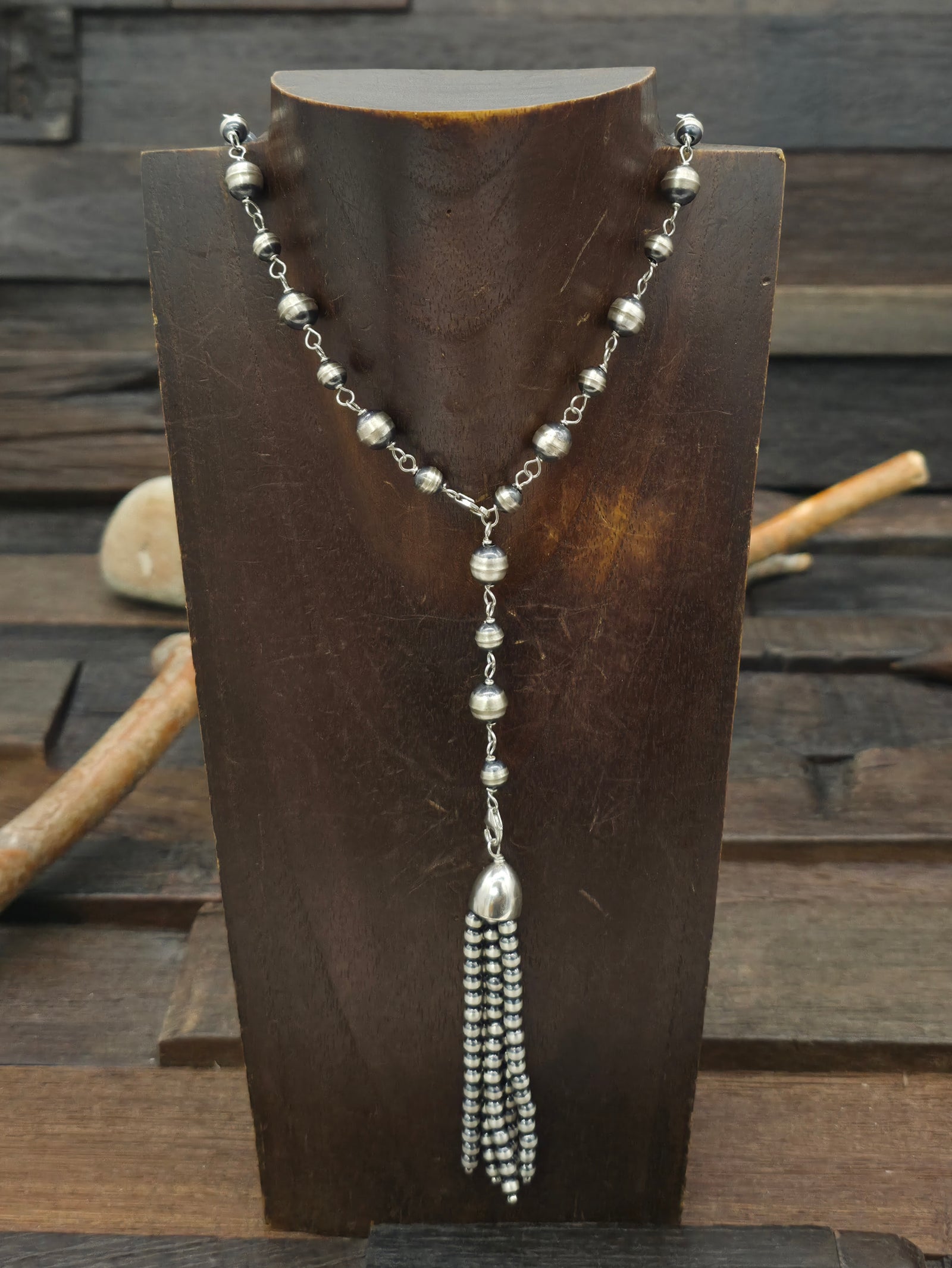 Oxidized Sterling Silver Bead Tassel Necklace - 24 in.