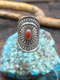 Stamped Sterling Silver Saddle Ring with Coral by Sunshine Reeves - Size 13