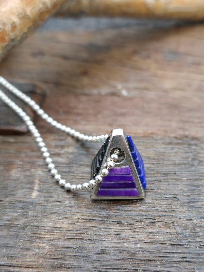 Sterling Silver Cobblestone Inlay Pyramid Pendant on 17 in. Ball Chain - Turquoise, Lapis, Onyx, Sugilite, Lab Opal