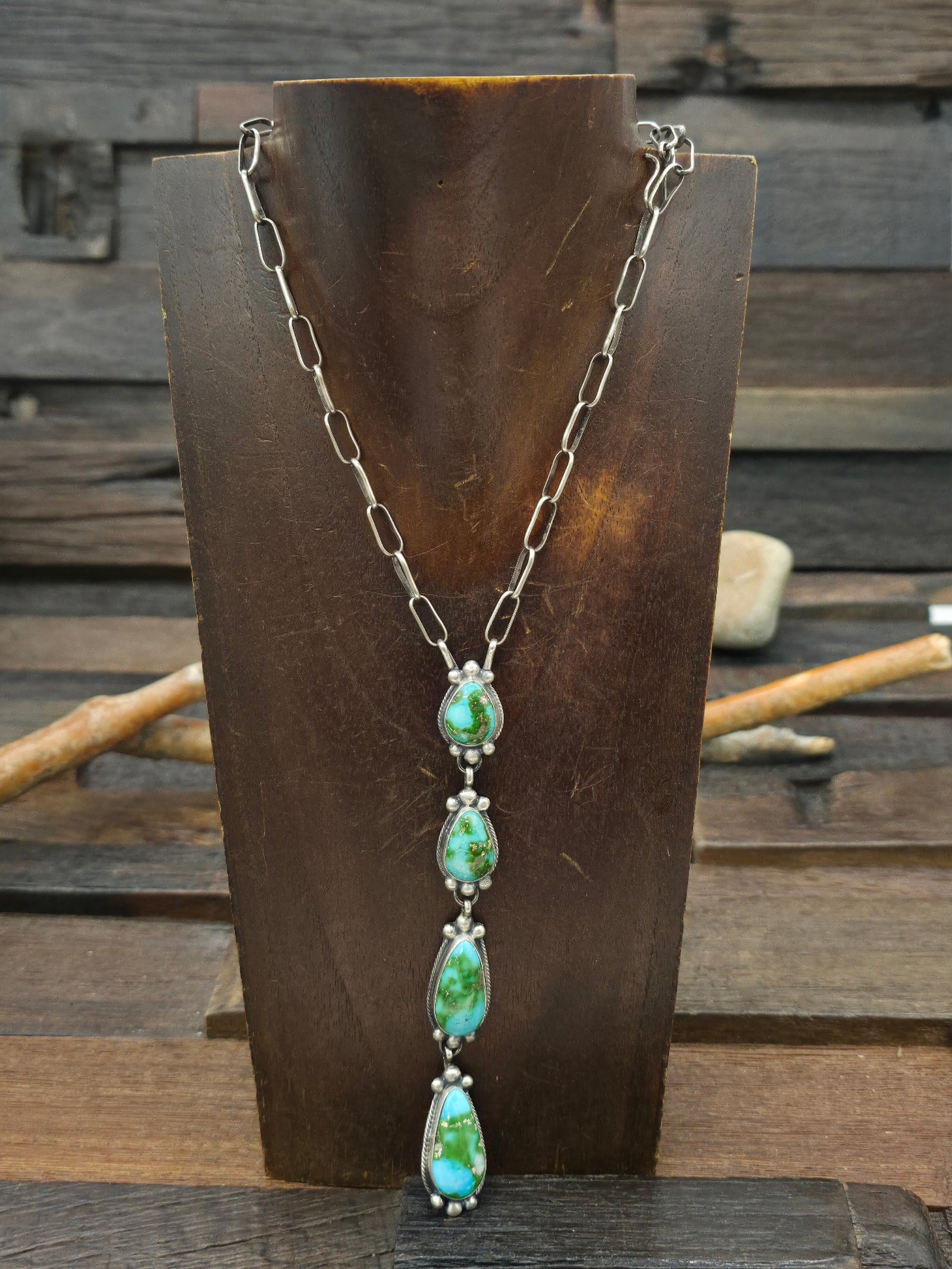 Four Stone Sterling Silver Sonoran Turquoise Lariat Necklace by Bobby Johnson - 20 in. with 5 in. Drop
