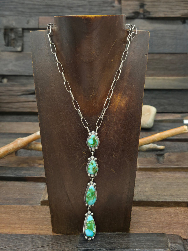 Four Stone Sterling Silver Sonoran Turquoise Lariat Necklace by Bobby Johnson - 20 in. with 5 in. Drop