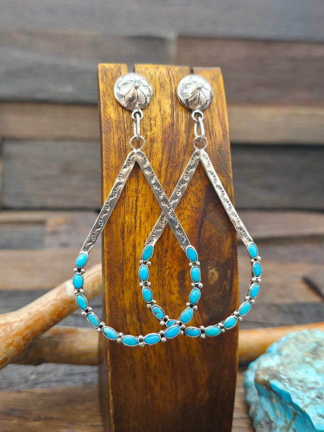 Stamped Sterling Silver Turquoise Loop Earrings by Larson Lee - 3 1/4 in. by 1 1/2 in.