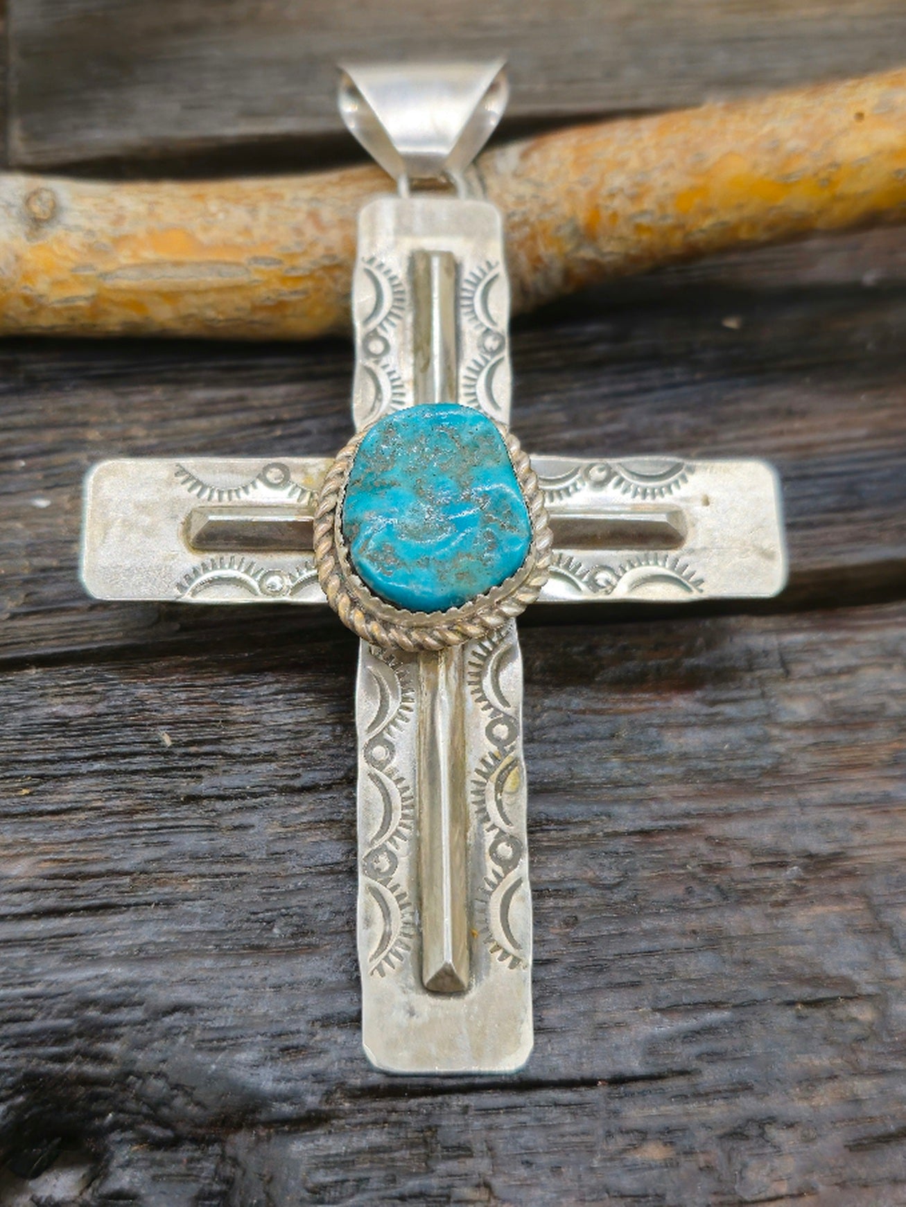 Sterling Silver Cross with Kingman Turquoise by Julia Etsitty