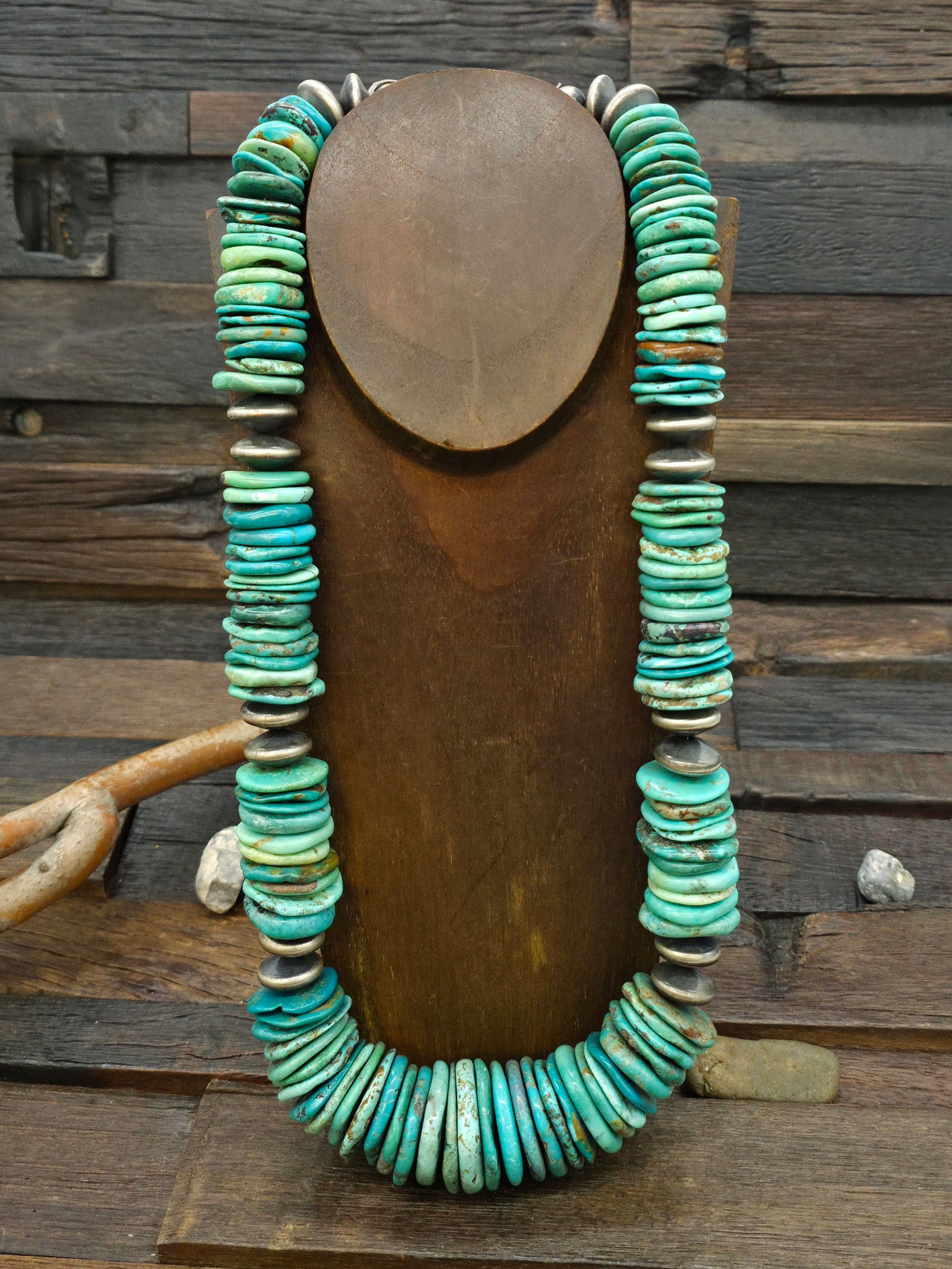 Large Scale Mixed Turquoise and Sterling Silver Bead Necklace - 28 in.