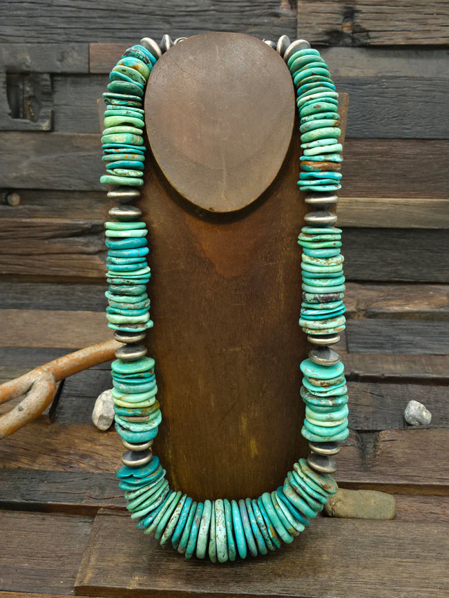Large Scale Mixed Turquoise and Sterling Silver Bead Necklace - 28 in.