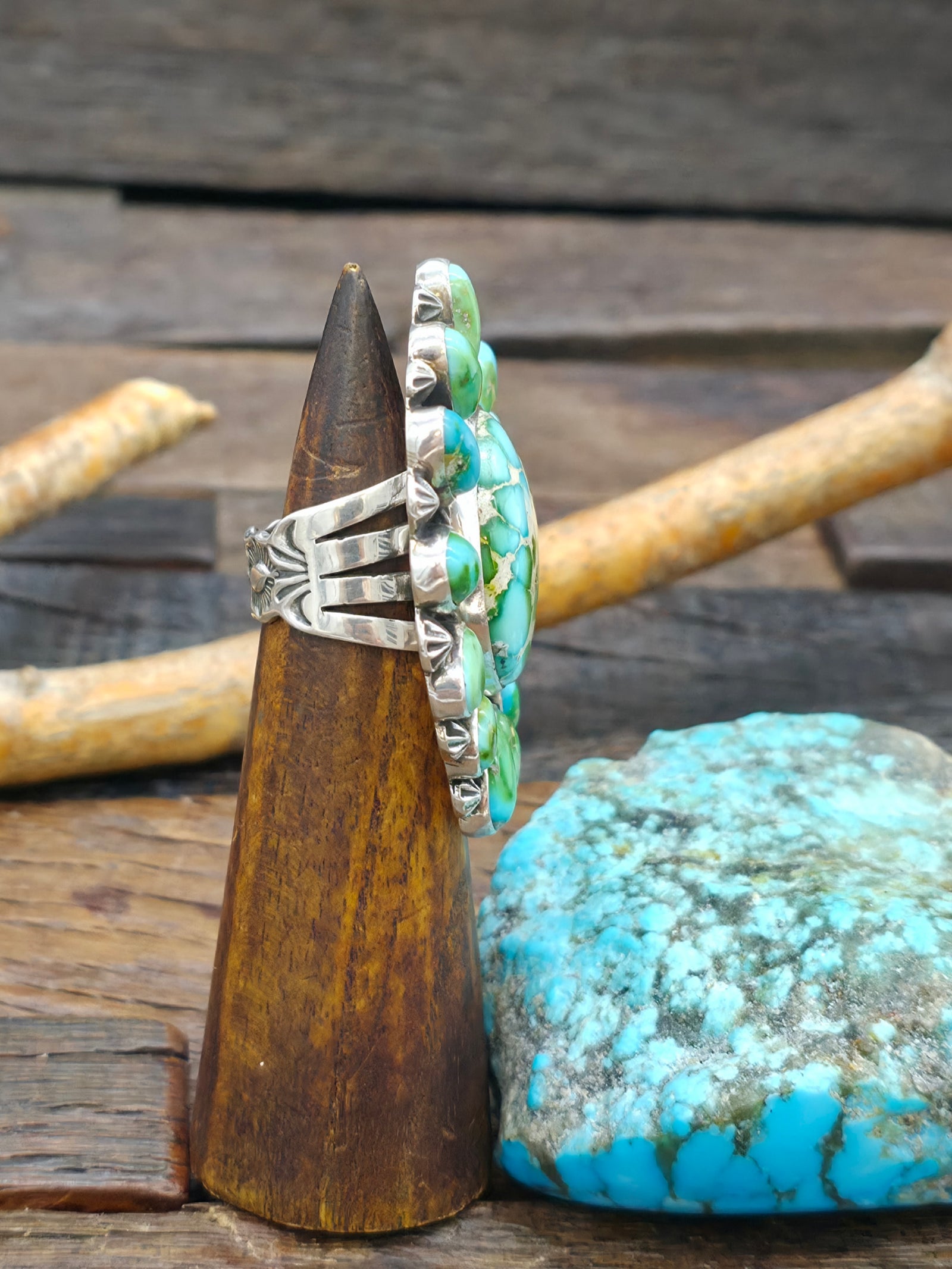 Sterling Silver Sonoran Turquoise Cluster Ring by Geneva Apachito - Size 8.75