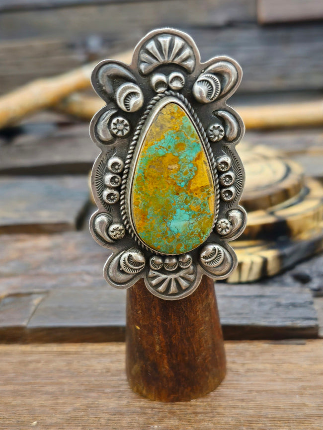 Large Green Turquoise and Oxidized Sterling Silver Statement Ring by Dean Sandoval Size 8