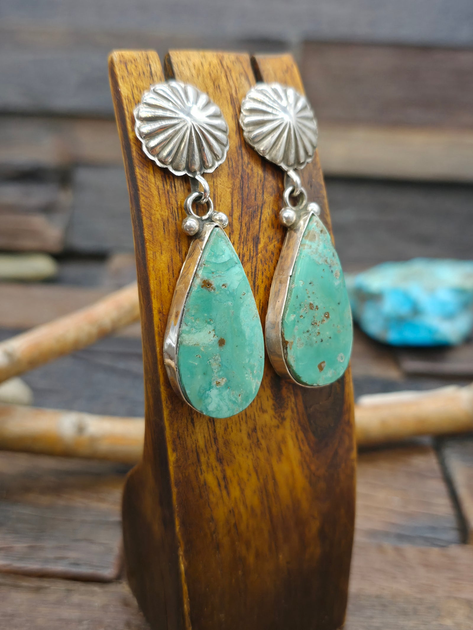 Sterling Silver #8 Turquoise Post Dangle Earrings by Richard Jim - 2 1/2 in. by 3/4 in.