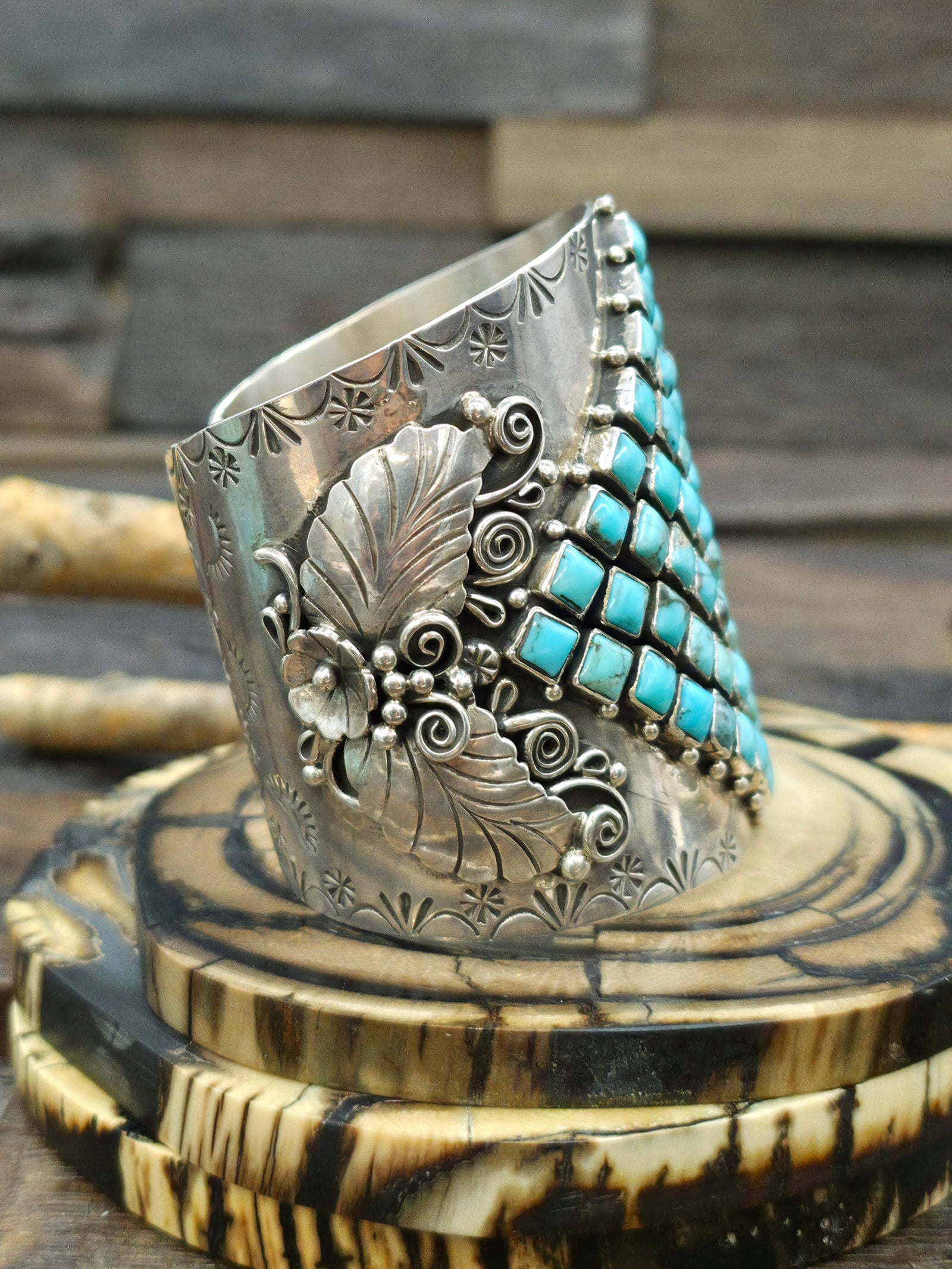 Sterling Silver Leaf Applique Bracelet with Small Turquoise Stones by S.U. - 7 in.