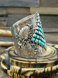 Sterling Silver Leaf Applique Bracelet with Small Turquoise Stones by S.U. - 7 in.