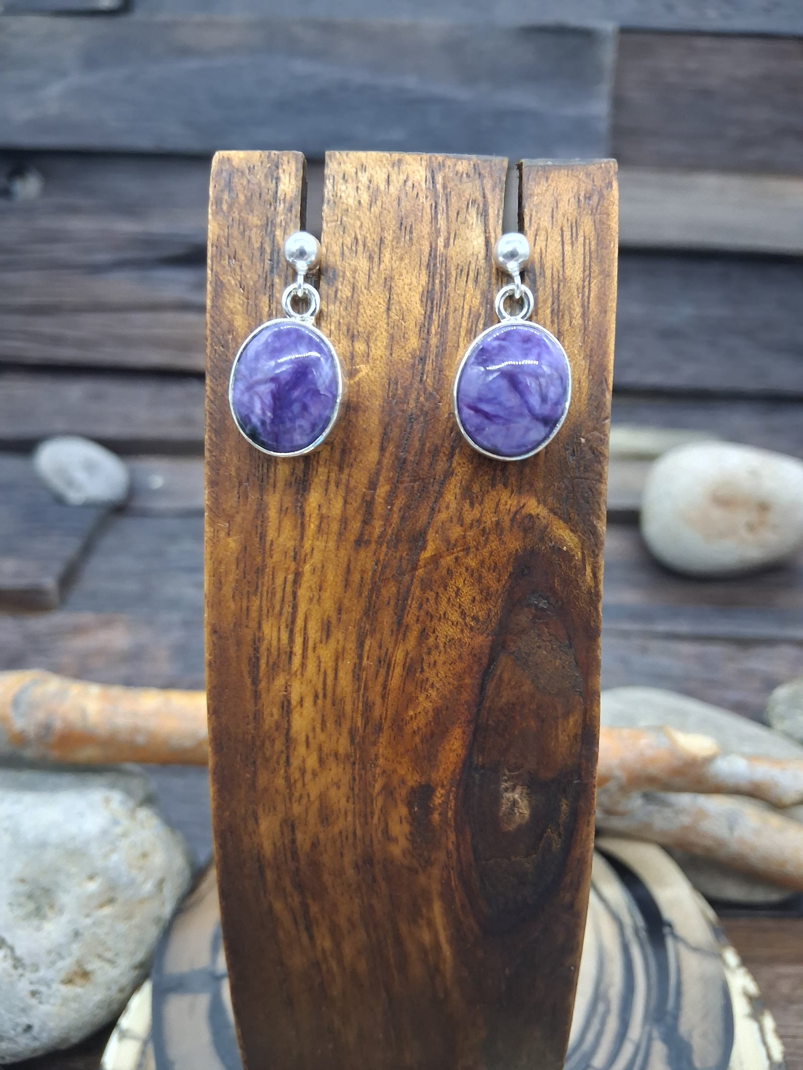 Charolite and Sterling Silver Oval Post Dangle Earring